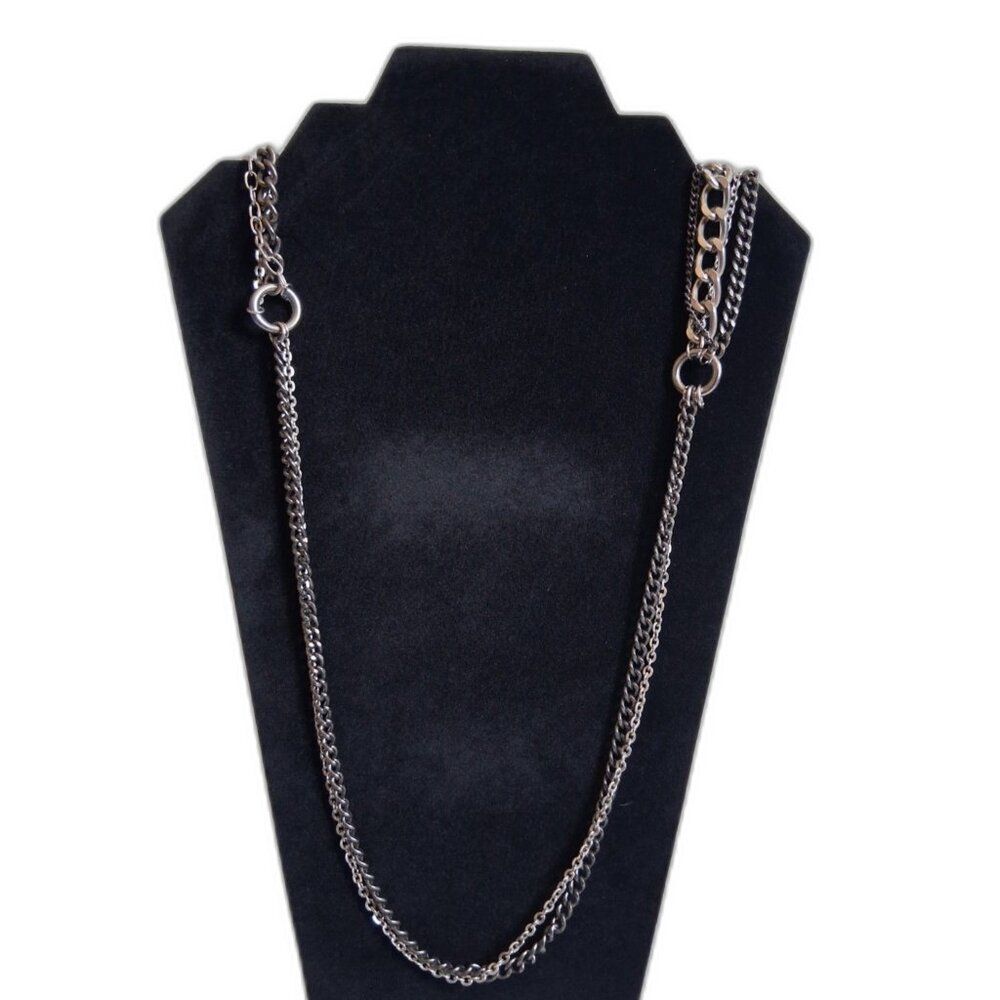 Gunmetal Gray and Silver Toned Metal Curb Cable Link Multi Strand Chain Necklace
